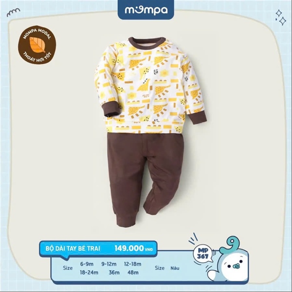 Bộ Dài Tay Momdal Mompa - Họa Tiết Khủng Long - Nâu