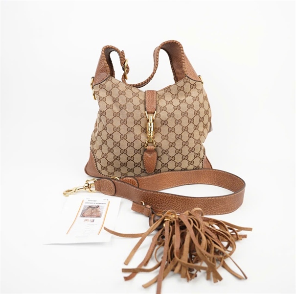 Túi GG Jackie màu nâu kèm phụ kiện tua rua sz30 +