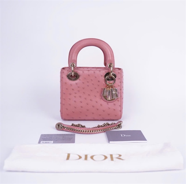 Túi Dior Lady màu hồng đất da đà điểu (02-MA-0221) sz mini (HC) +