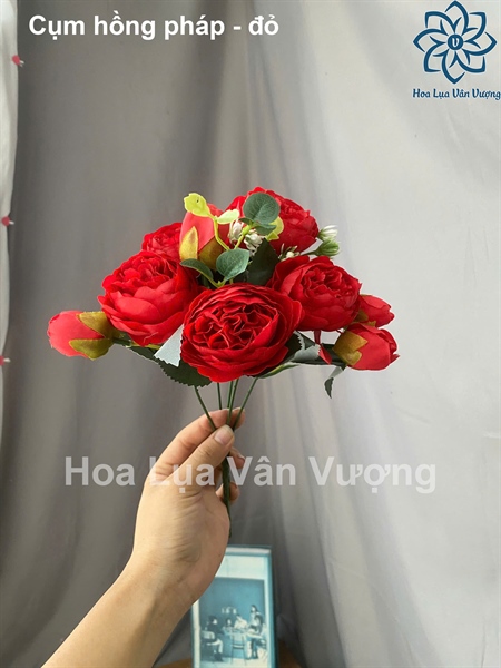 Cụm hồng pháp - đỏ - Hoa cành ngắn - Hoa Lụa Vân Vượng