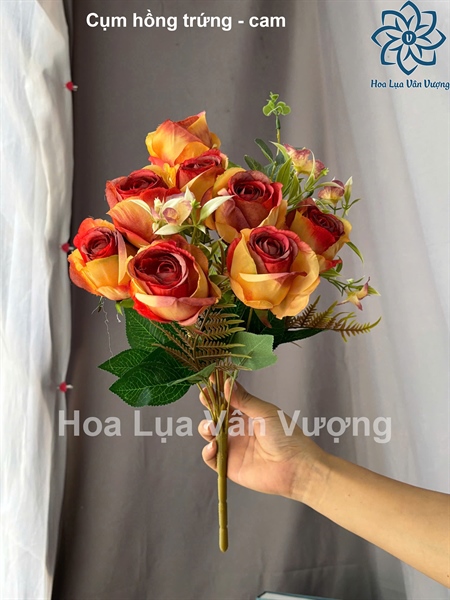 Cụm hồng trứng - Cam - Hoa cành ngắn - Hoa Lụa Vân Vượng