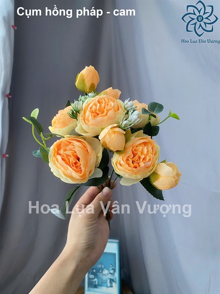 Cụm hồng pháp - cam - Hoa cành ngắn - Hoa Lụa Vân Vượng