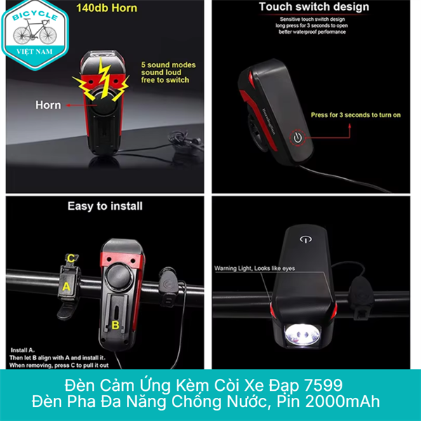 Đèn Xe Đạp Cảm Ứng Kèm Còi 7599 – Đèn Pha 350LM, Còi 140dB, Sạc USB, Chống Nước IP44