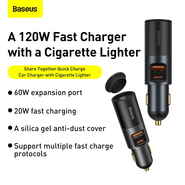 Tẩu sạc nhanh mở rộng 1 USB+1typeC120W Baseus Share Together Fast Charge dùng cho xe hơi (120W, TypeC/USB Port, QC/PD3.0 Car Quick Charger with Cigarette Lighter Expansion Port)