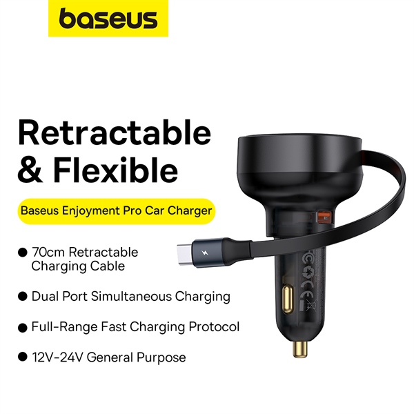 Tẩu Sạc Nhanh Kèm Cáp Dây Rút typeC Baseus Enjoyment Pro Car Charger U+Retractable