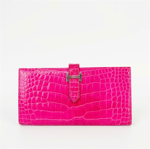 Ví Hermes gập đôi màu hồng da cá sấu ( Stamp O) (HC) +