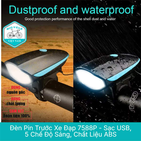 Đèn Xe Đạp – Đèn Pin Trước 7588P, 250 Lumens, 5 Chế Độ Sáng, Sạc USB