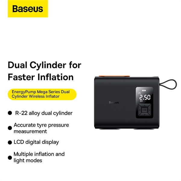Máy Bơm Hơi Lốp Ô Tô Di Động Baseus Mega EnergyPump Series Dual Cylinder Wireless Inflator Bằng Điện Không Dây 250W ( Dual cylinder Mutilple Inflation LCD )