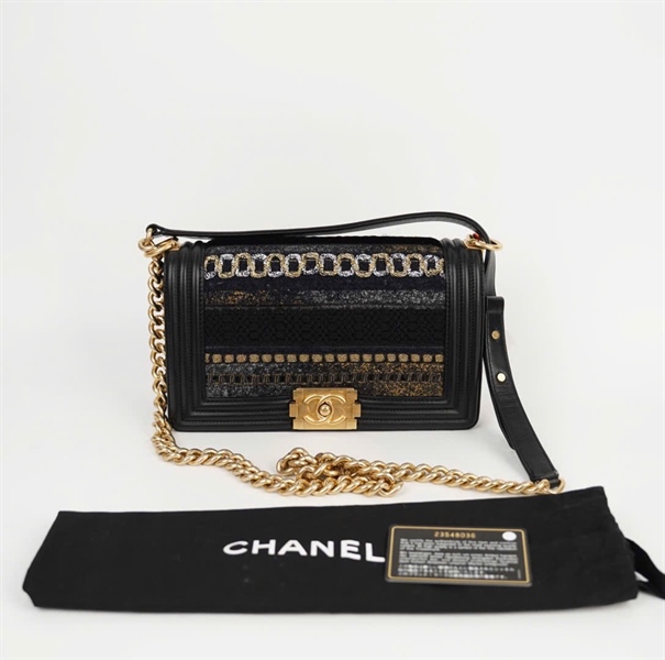 Túi Chanel Boy vải len viền da (23548036) sz24 (HC) +