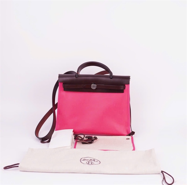 Túi Hermes hồng nắp nâu kèm ví có ổ+ chìa sz31 +