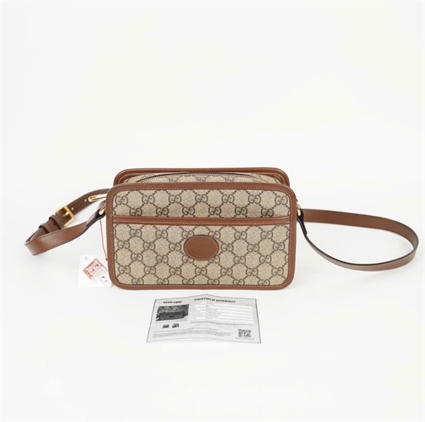 Túi GG đeo chéo màu xám viền nâu (6585721147) sz 22 KG+