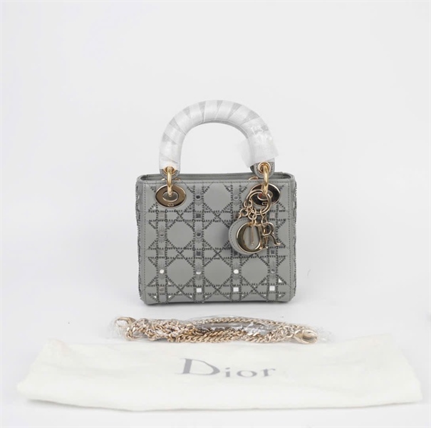 Túi Dior Lady màu xám đính cườm (04- MA- 0270) sz mini (HC) +