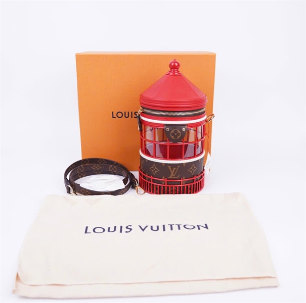 Túi LV dáng trụ màu đỏ hoa nâu (HC) +