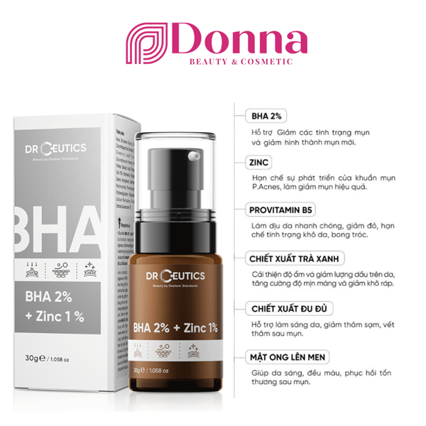 DrCeutics Serum Hỗ Trợ Giảm Mụn, Kiểm Soát Dầu Nhờn BHA 2%+ Zinc 1% 30g