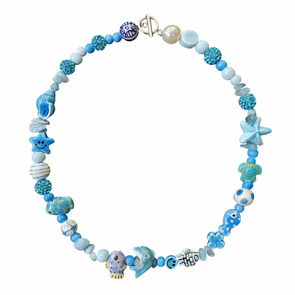 Vòng cổ đá tự nhiên Aquamarine + charms vẽ tay thủ công "BLUE OCEAN"
