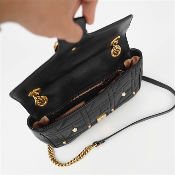 Túi GG Marmont đen đính hạt châu (C021151318) sz 25 (HT) KG+