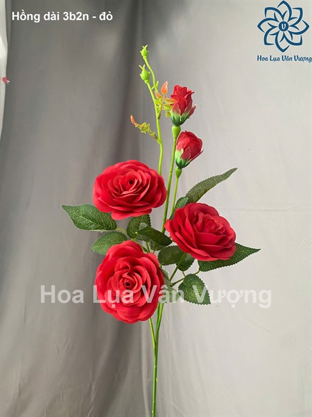 Hồng dài 3b2n - đỏ - Hoa cành dài - Hoa Lụa Vân Vượng