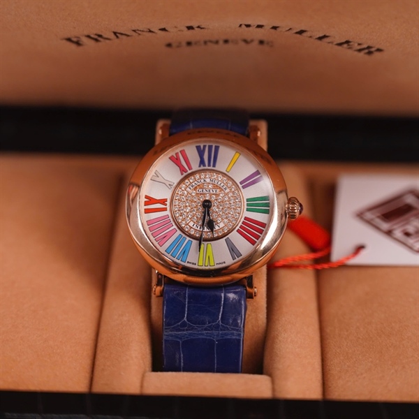 Đồng hồ Franck Muller mặt tròn quai xanh (NO17750) (HC) +