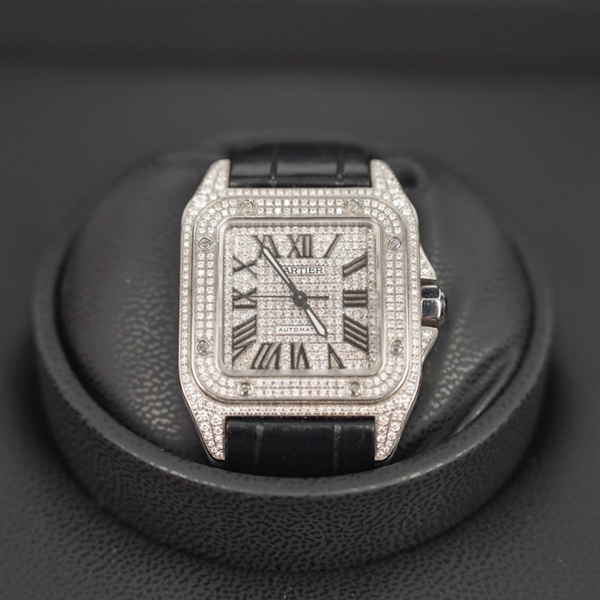 Đồng hồ Cartier mặt vuông đính đá quai đen (791341SX) sz32 (HC) KG+