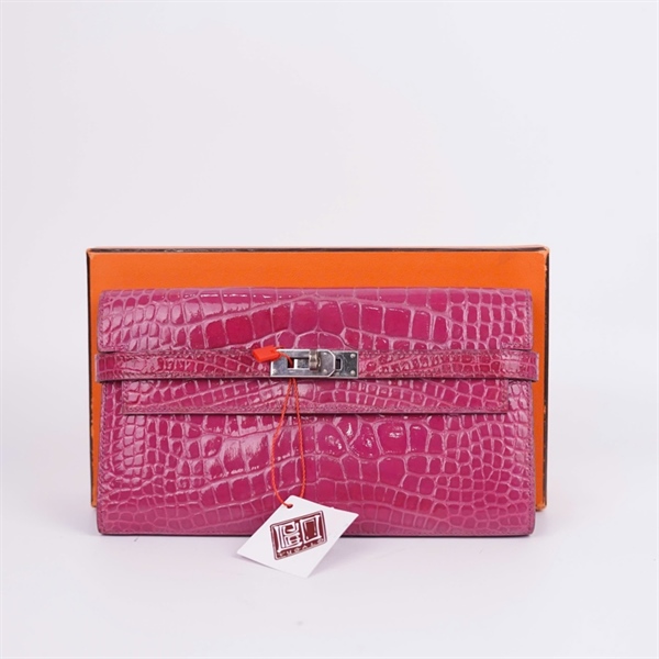 Ví Hermes dài màu hồng da cá sấu (HC) +