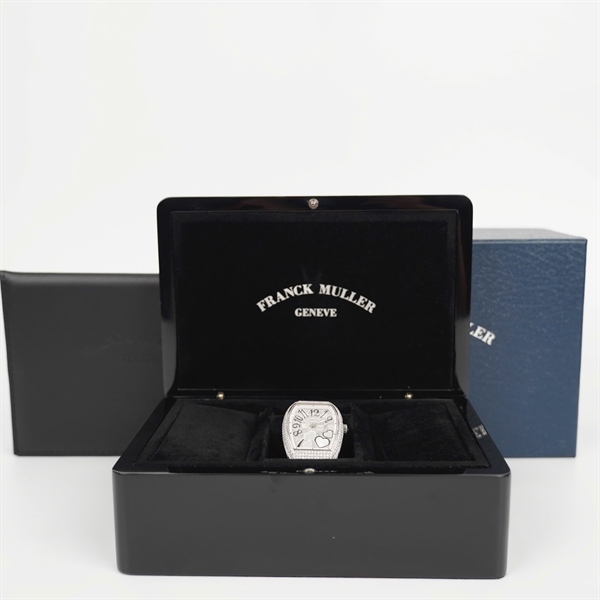 Đồng hồ Franck Muller trắng họa tiết đính đá quai đen 3692 (HC) +