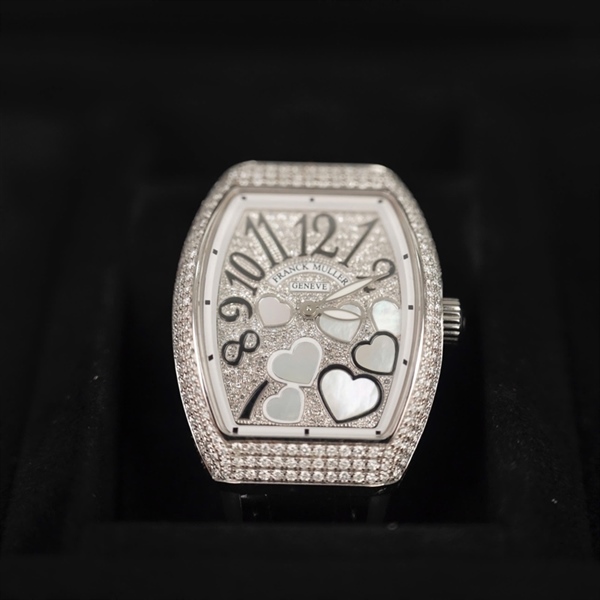 Đồng hồ Franck Muller trắng họa tiết đính đá quai đen 3692 (HC) +