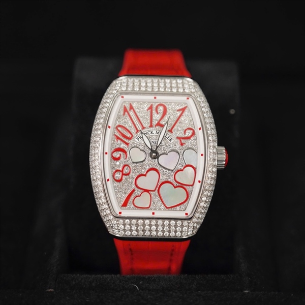 Đồng hồ Franck Muller trắng họa tiết đính đá quai đỏ 1121 (HC) +