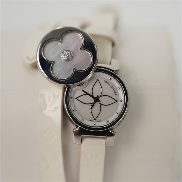 Đồng hồ LV mặt tròn quai trắng (TC4496) sz18 (HC) +