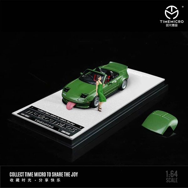 Time Micro TM 1:64 Diecast Model MX-5 Eunos Roadster (NA/Miata) Wildbody Retractable-Headlight 丨Removable Top Each Comes With the Tongue Accessory (Green With Figure)