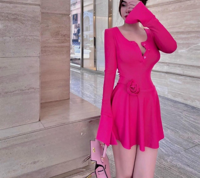 Đầm tay loe hoa eo tk Hồng