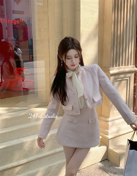 [AH] Set áo dạ hồng nhạt cúc ngọc kèm chân váy A