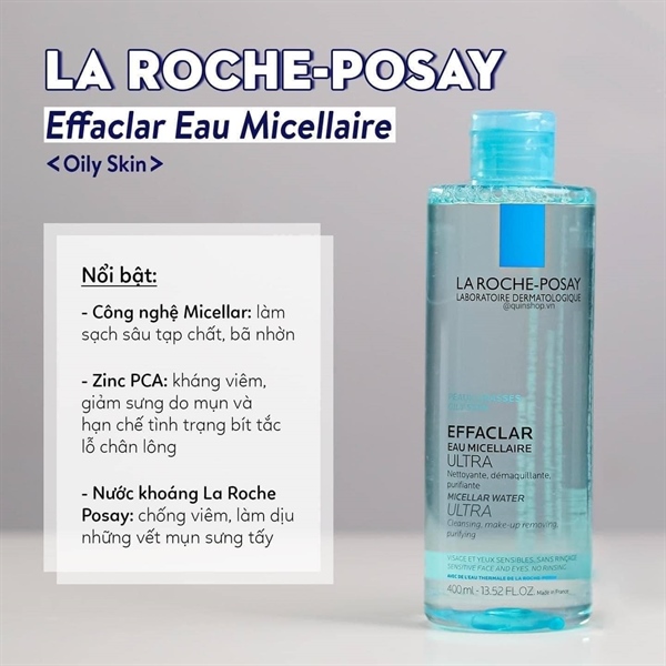 Nước tẩy trang sạch sâu & kiểm soát nhờn cho da dầu Effaclar Micellar Water Ultra Oily Skin 400ml