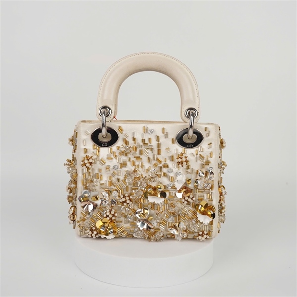 Túi Dior Lady màu trắng đính cườm sz mini (02-MA-0114) (HC) +