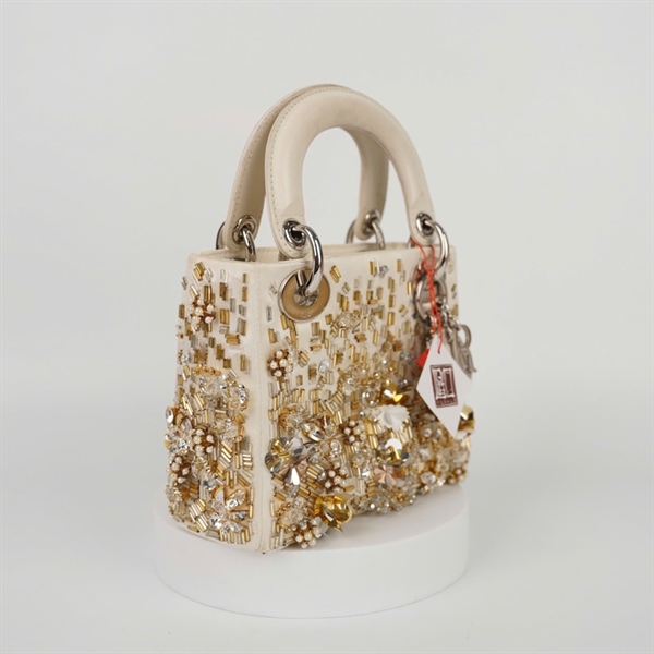 Túi Dior Lady màu trắng đính cườm sz mini (02-MA-0114) (HC) +