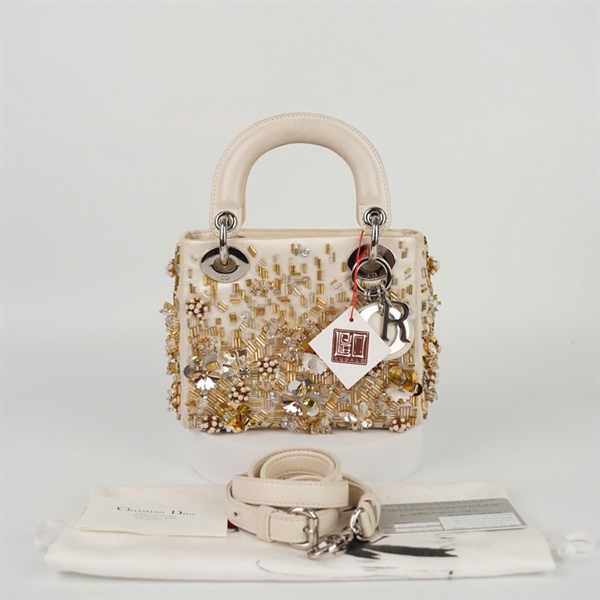 Túi Dior Lady màu trắng đính cườm sz mini (02-MA-0114) (HC) +