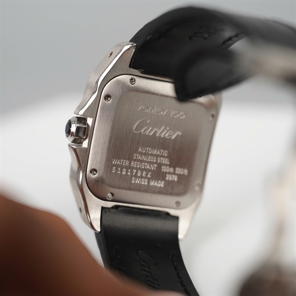 Đồng hồ Cartier mặt vuông full kim cương quai đen (512178RX) sz32 (HC) +