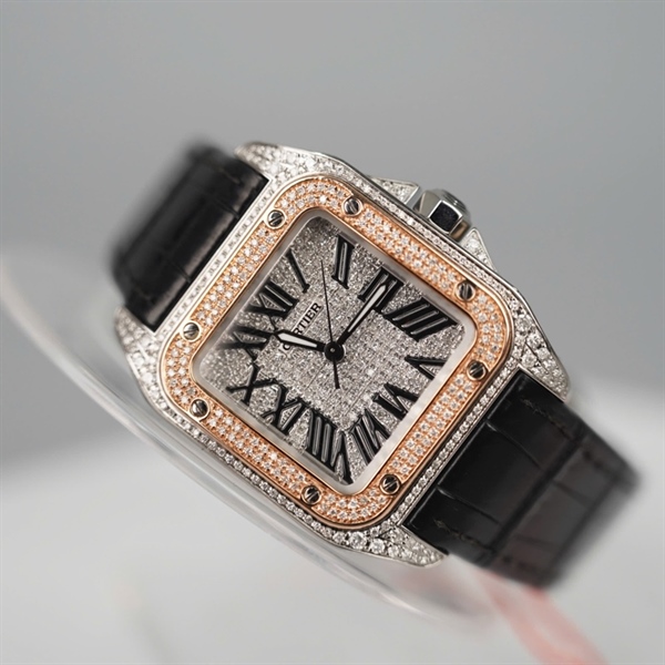 Đồng hồ Cartier mặt vuông full kim cương quai đen có giấy kiểm định (482444PX) sz32 (HC) +