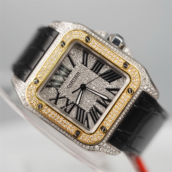 Đồng hồ Cartier mặt vuông full kim cương quai đen có giấy kiểm định (507815LX) sz40 (HC) +