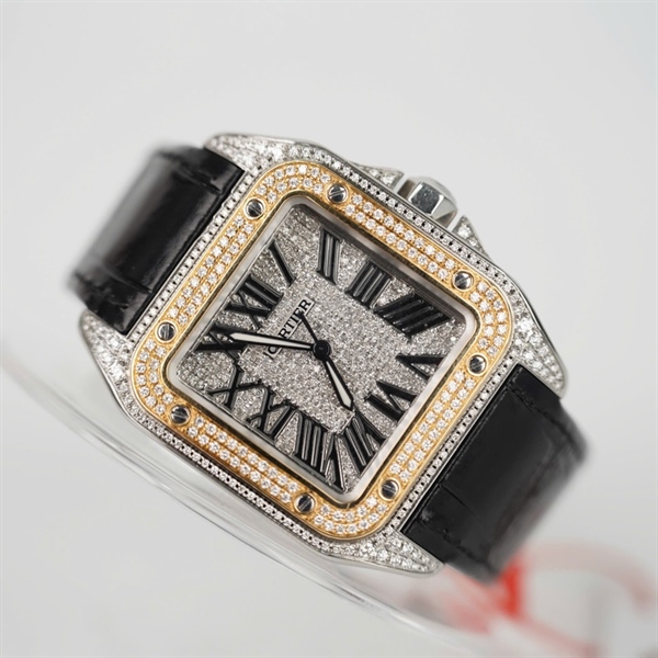 Đồng hồ Cartier mặt vuông full kim cương quai đen (379485CE) (HC) +