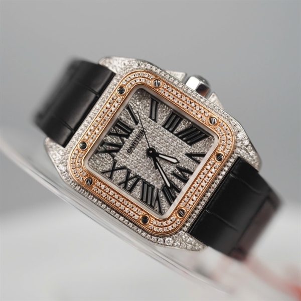 Đồng hồ Cartier mặt vuông full kim cương quai đen (512178RX) sz32 (HC) +