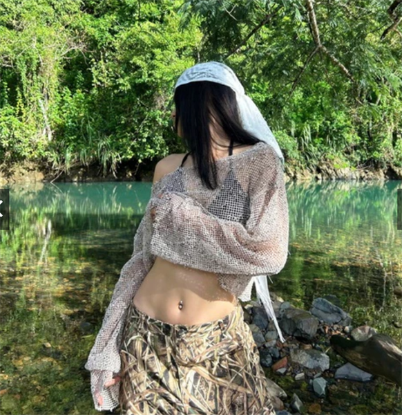 TWENTI Áo Lưới Croptop Kèm Bra - TRẮNG NÂU kèm BRA