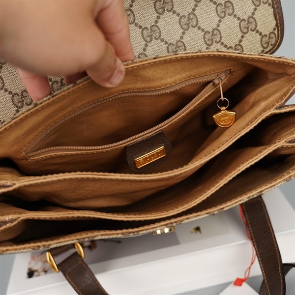 Túi GG handle màu xám viền nâu (150208) sz28 KG+