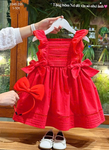 D345 Đầm đỏ tay bèo 2 nơ