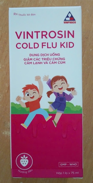 VINTROSIN COLD FLU KID (Paracetamol 162,5 mg,Dextromethorphanhydrobromid 5 mg,Guaifenesin 100mg,Phenylephrin hydroclorid 2,5mg) Hộp 1lọ x 75ml - Vĩnh Phúc Việt Nam