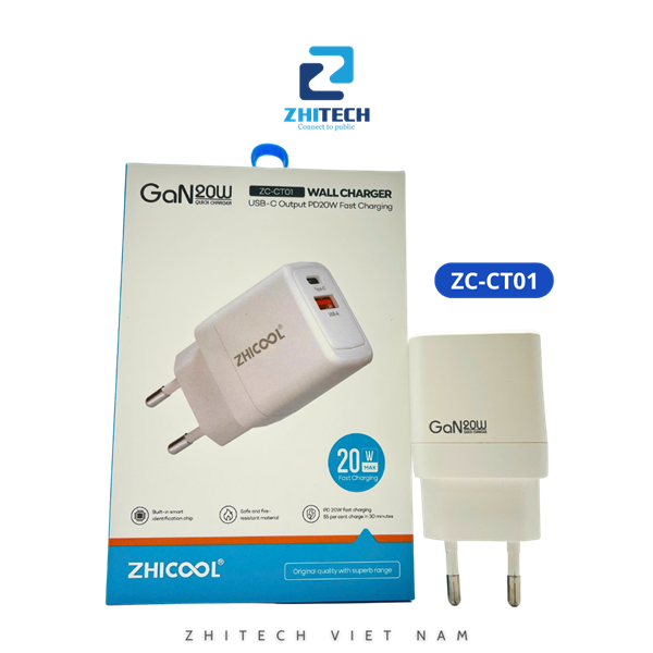 Củ sạc 2 cổng Type C + USB-A ZC-CT01 GaN20w