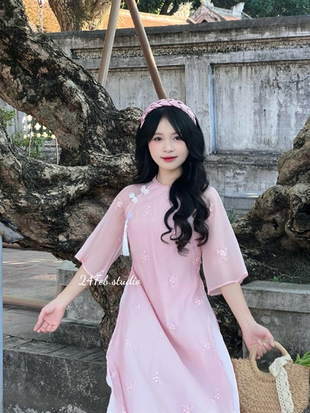 [AH] Set áo dài 4 tà vải tơ thêu cổ tết tròn đính nơ hoa