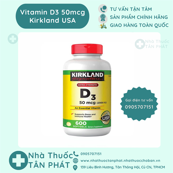 Kirkland D3 50mcg USA - phát triển hệ xương răng (2000 IU) Ch/600v