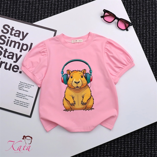 Áo Thun Bé Gái Kata Tay Phồng In Chuột Lang Đeo Tai Nghe Dễ Thương – Cotton Mềm Mát, Size 4-14 Cho Bé 12-35kg