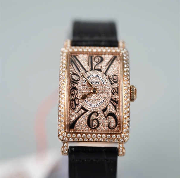 Đồng hồ Franck Muller dây đen mặt vàng đính đá (No676) (HC) KG+