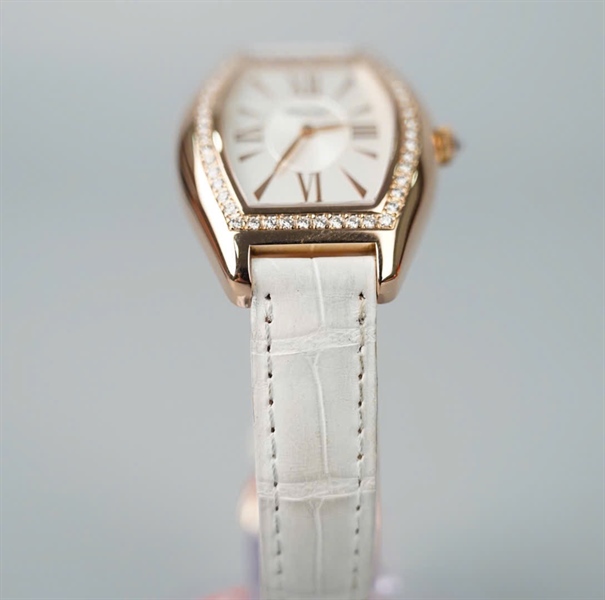 Đồng hồ Chopard dây trắng mặt viền vàng đính đá (7531) (HC)+